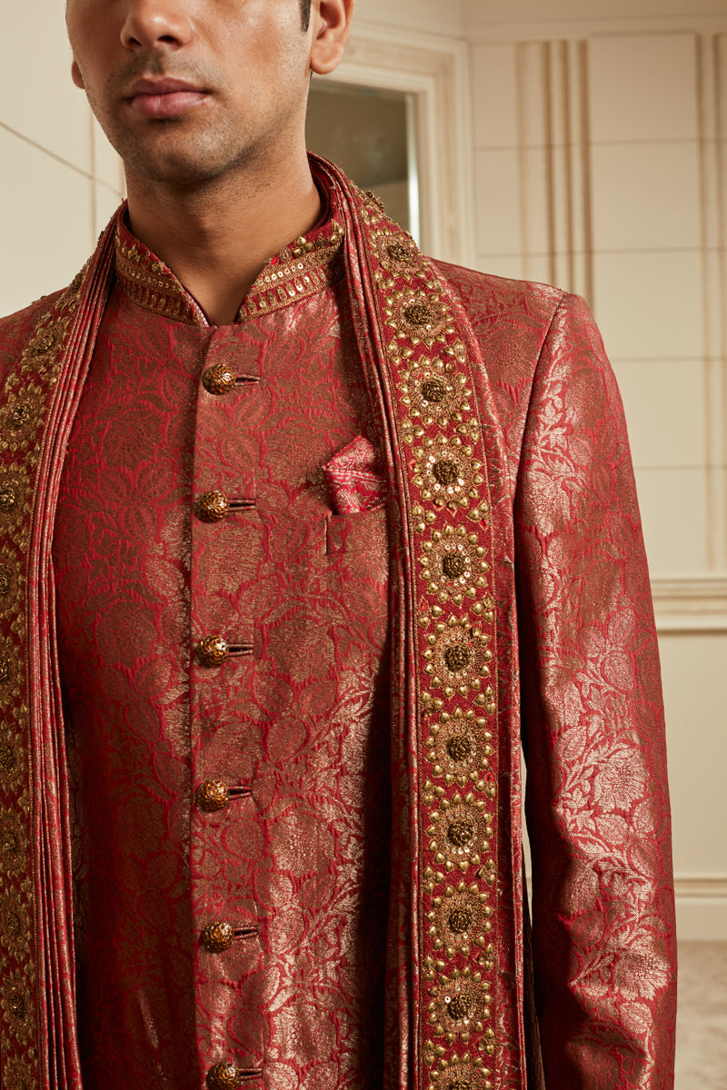 Red Silk Brocade Sherwani