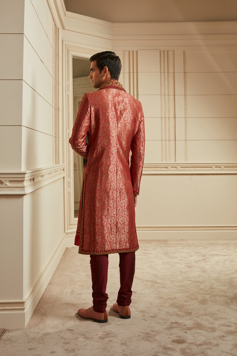 Red Silk Brocade Sherwani