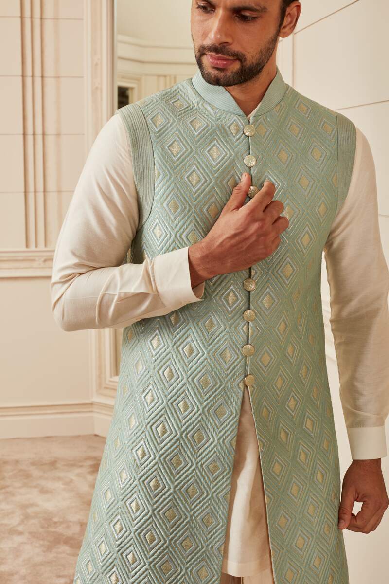 Light Green Brocade Quilted Sherwani