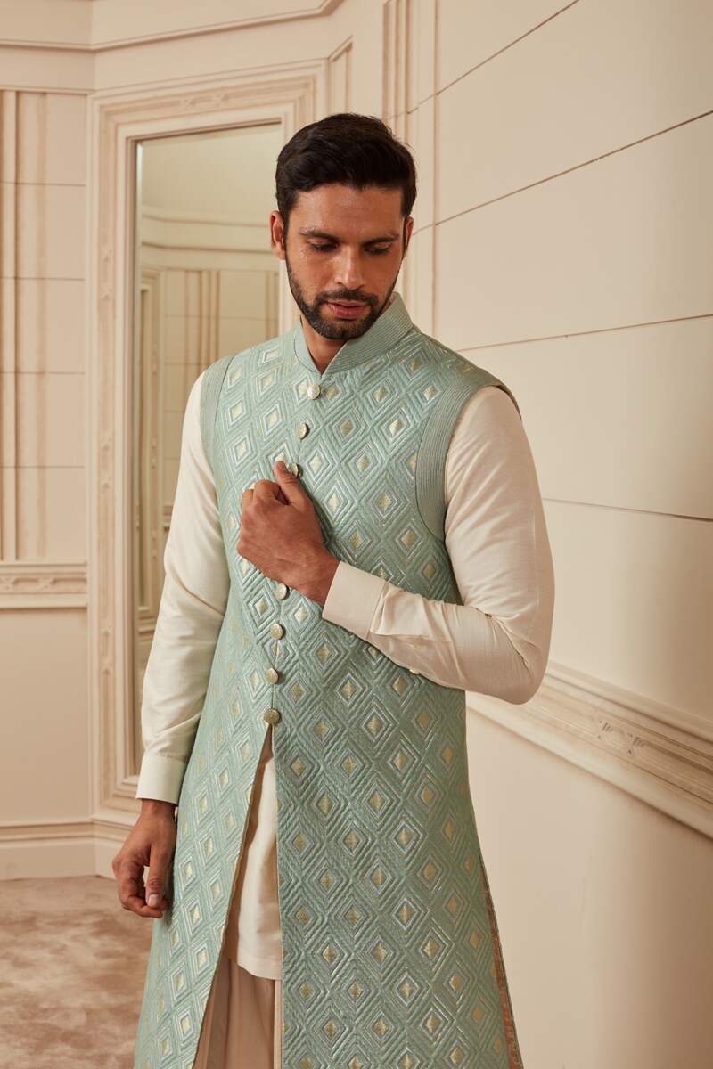 Light Green Brocade Quilted Sherwani