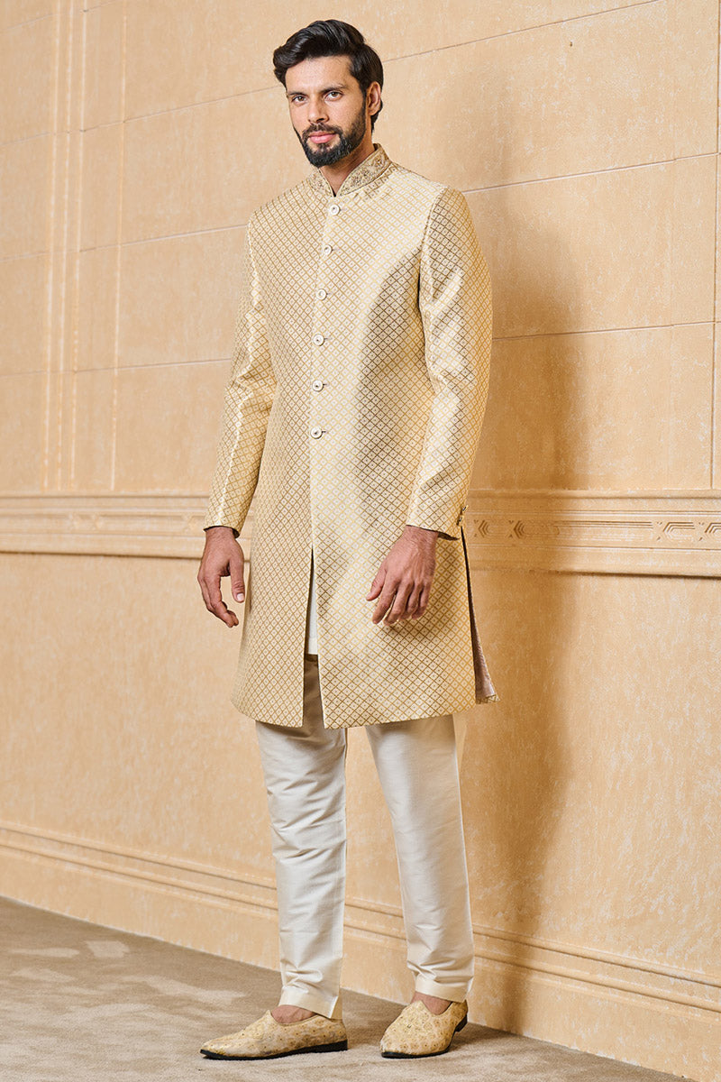 Ivory Brocade Sherwani With Embroidered Collar