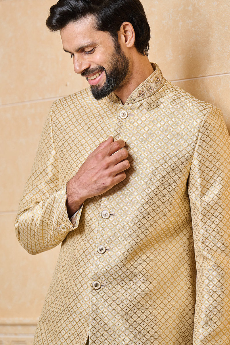 Ivory Brocade Sherwani With Embroidered Collar