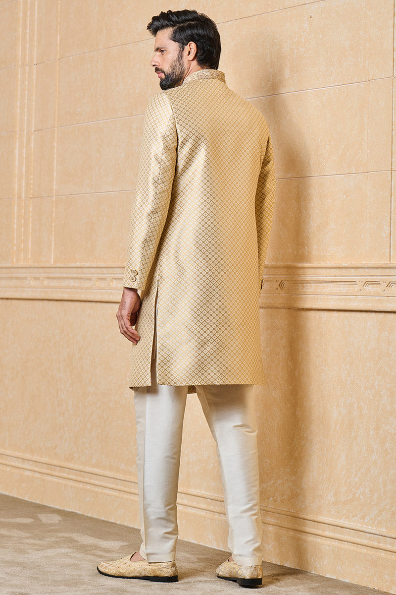 Ivory Brocade Sherwani With Embroidered Collar