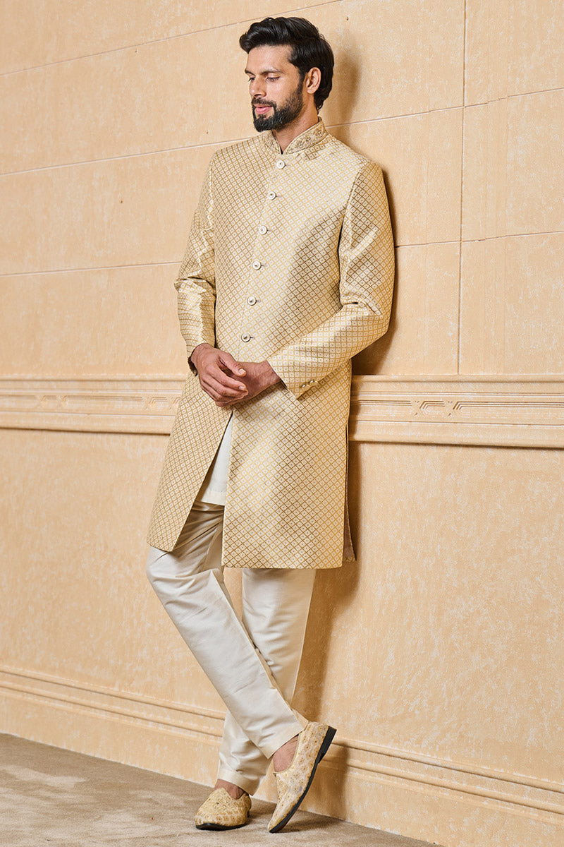 Ivory Brocade Sherwani With Embroidered Collar