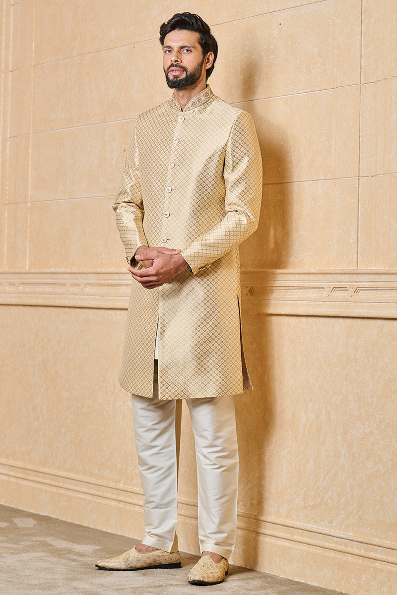 Ivory Brocade Sherwani With Embroidered Collar