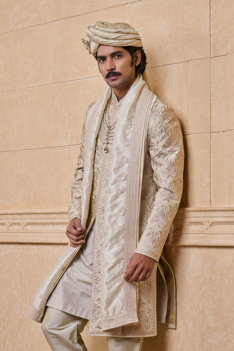 Cream Embroidered Sherwani With Java Detailing