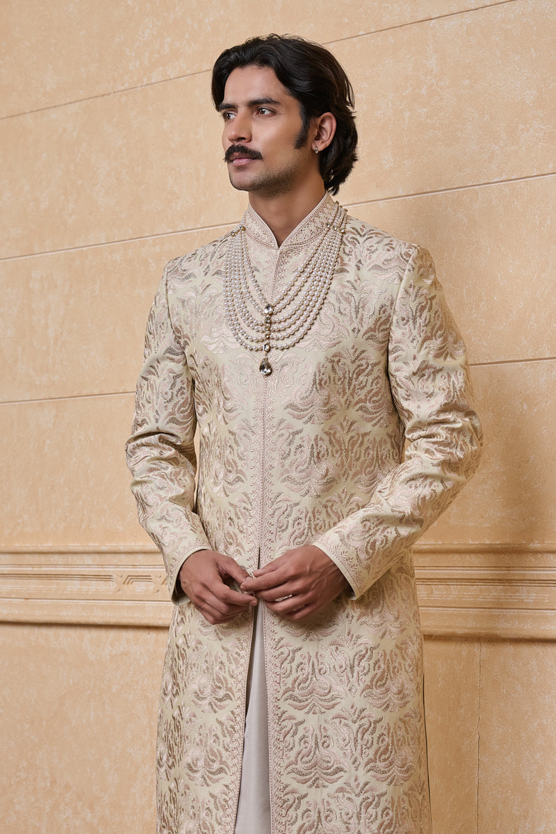 Cream Embroidered Sherwani With Java Detailing