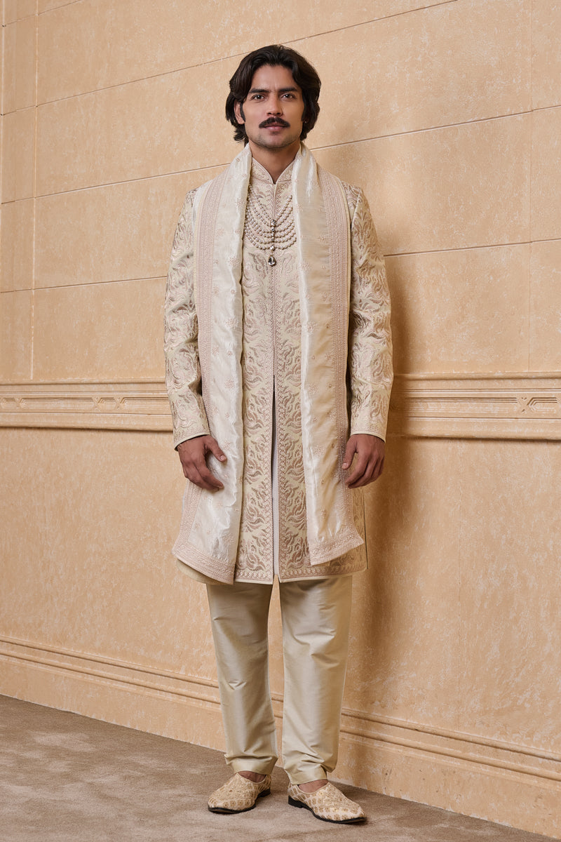 Cream Embroidered Sherwani With Java Detailing