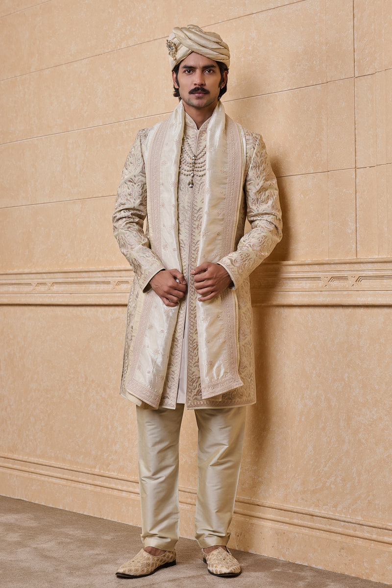 Cream Embroidered Sherwani With Java Detailing