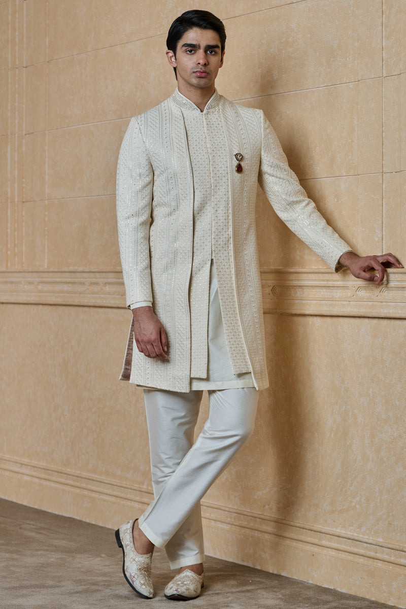 Ivory Faux Layered Embroidered Sherwani