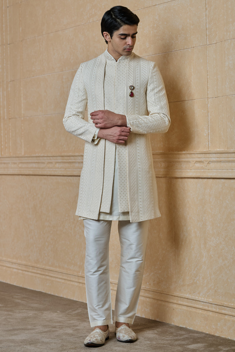 Ivory Faux Layered Embroidered Sherwani