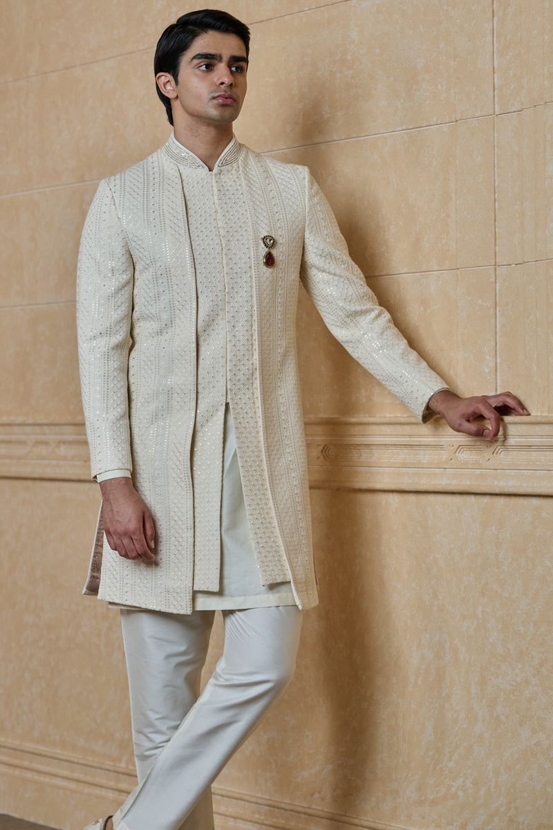 Ivory Faux Layered Embroidered Sherwani