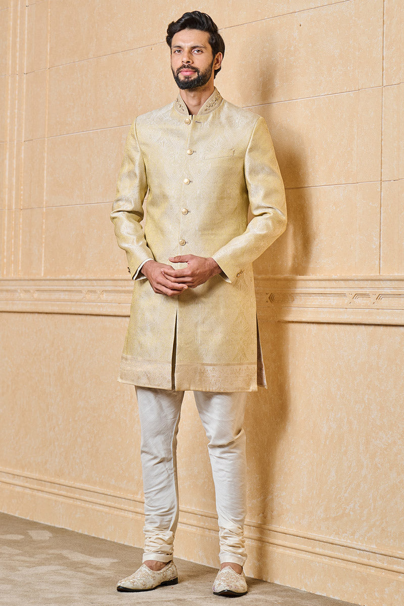 Gold Classic Zari Jacquard Sherwani With Border Detailing