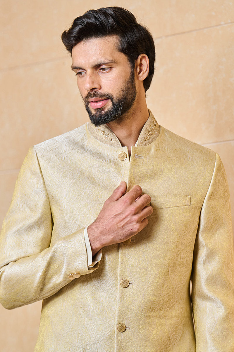 Gold Classic Zari Jacquard Sherwani With Border Detailing