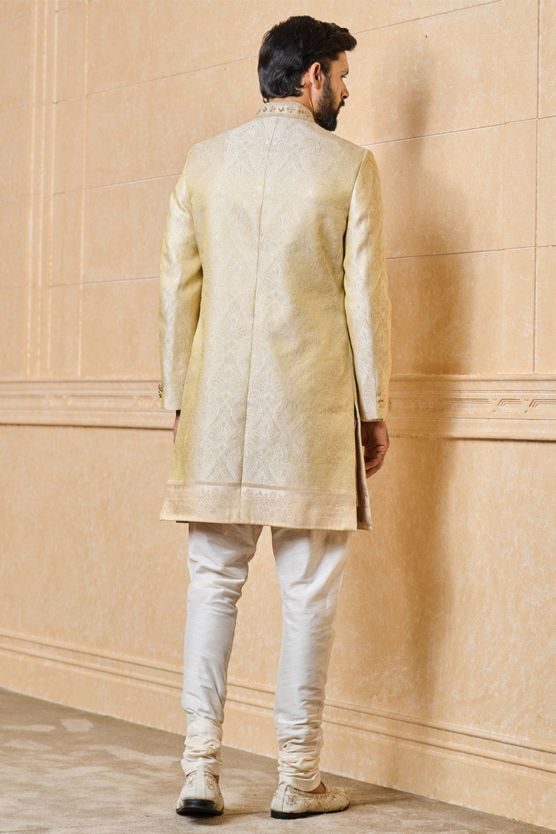 Gold Classic Zari Jacquard Sherwani With Border Detailing