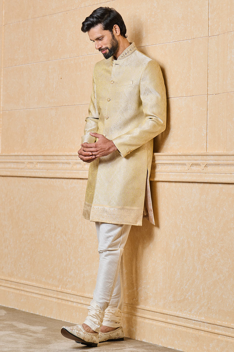 Gold Classic Zari Jacquard Sherwani With Border Detailing