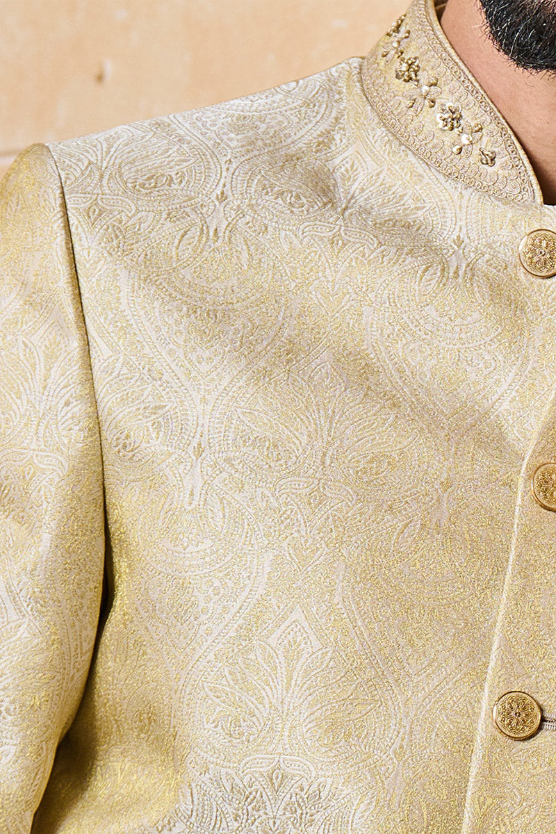 Gold Classic Zari Jacquard Sherwani With Border Detailing