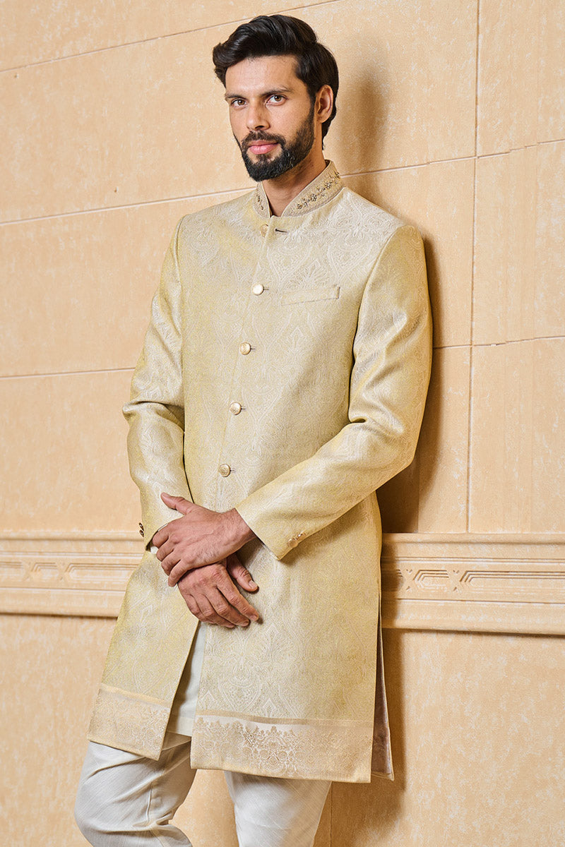 Gold Classic Zari Jacquard Sherwani With Border Detailing