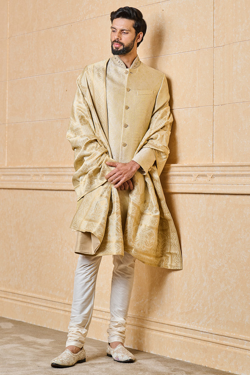 Gold Classic Zari Jacquard Sherwani With Border Detailing