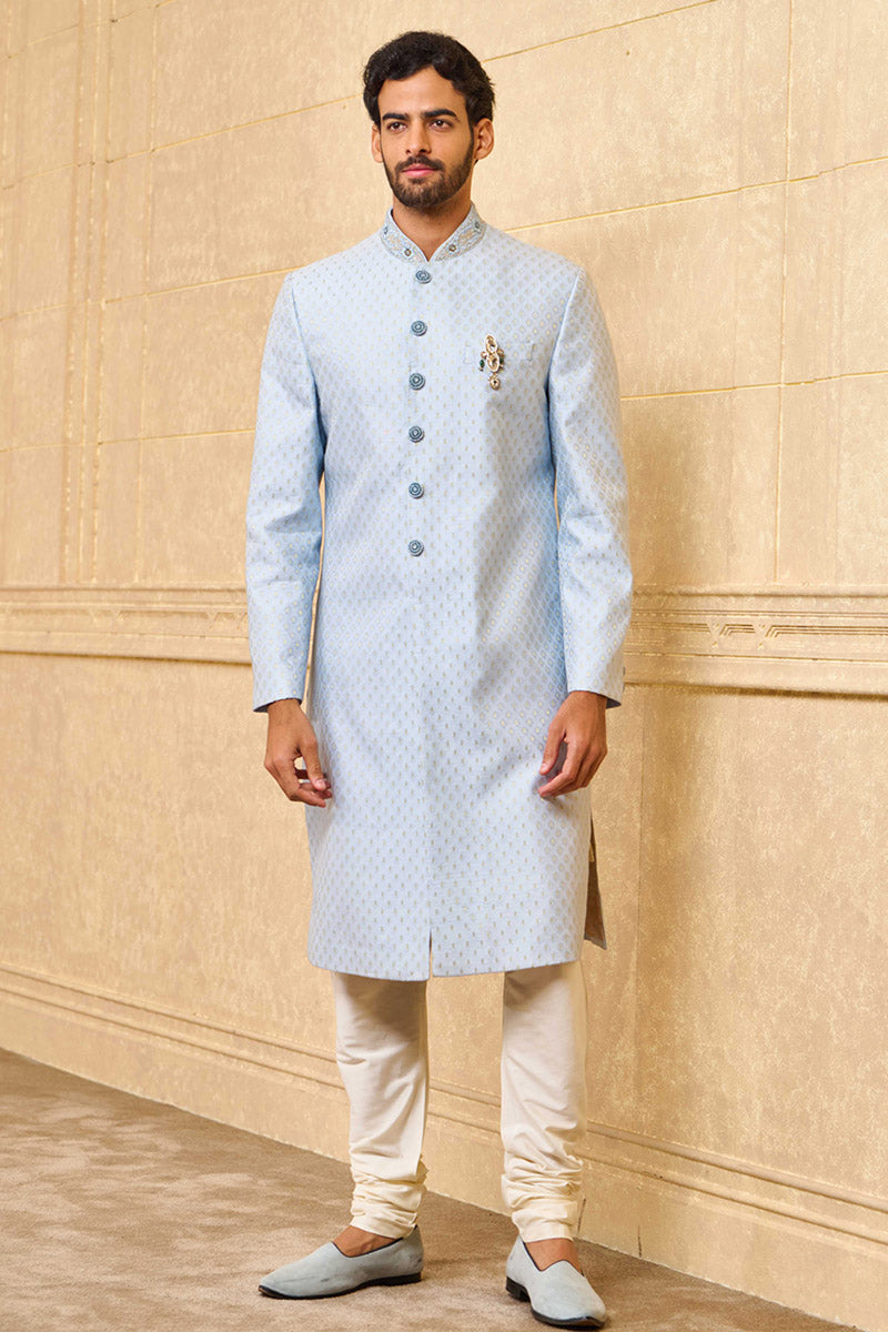 Light Blue Jacquard Sherwani With Embroidered Collar