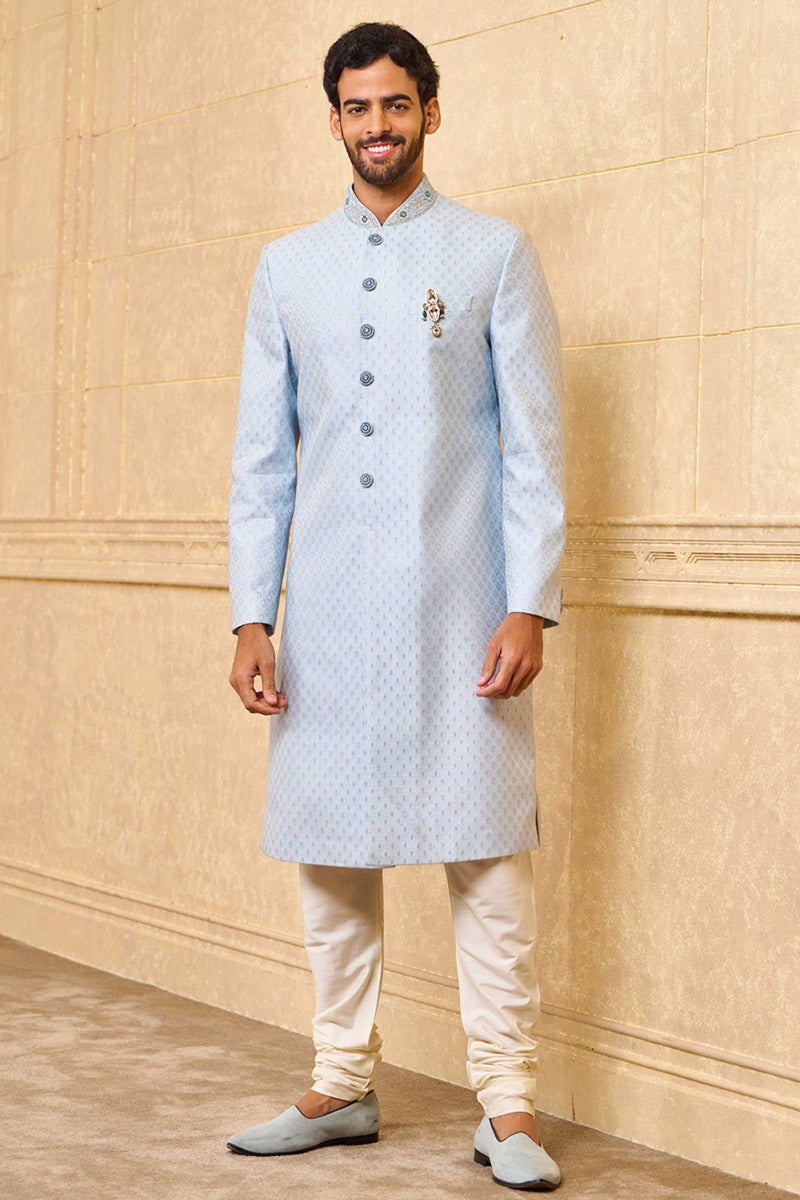 Light Blue Jacquard Sherwani With Embroidered Collar