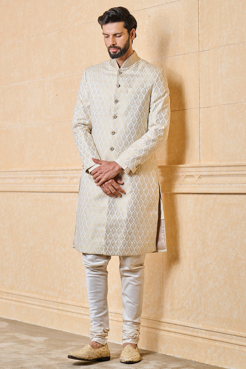 Ivory Classic Brocade Sherwani With Embroidered Collar