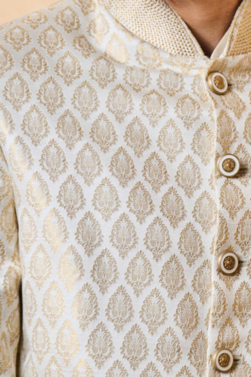 Ivory Classic Brocade Sherwani With Embroidered Collar