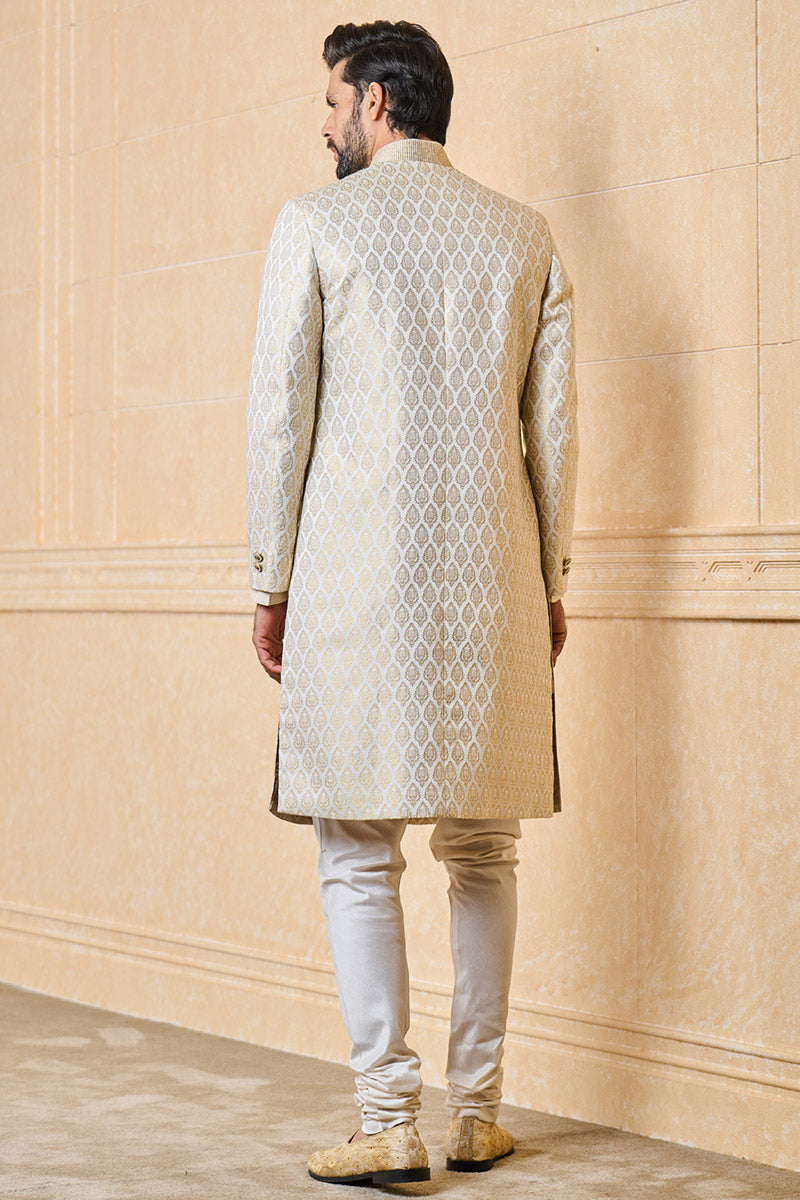 Ivory Classic Brocade Sherwani With Embroidered Collar