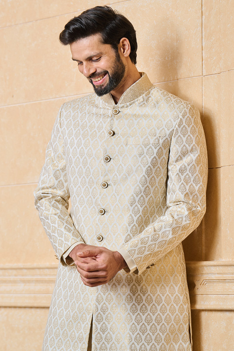 Ivory Classic Brocade Sherwani With Embroidered Collar