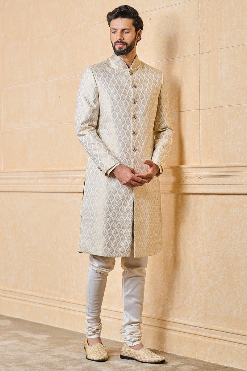 Ivory Classic Brocade Sherwani With Embroidered Collar