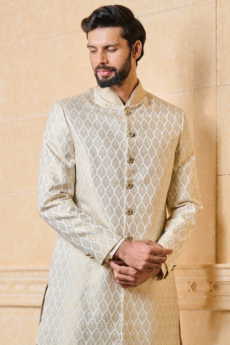 Ivory Classic Brocade Sherwani With Embroidered Collar