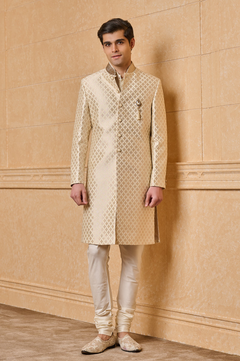 Ivory Classic Sherwani With Embroidered Collar