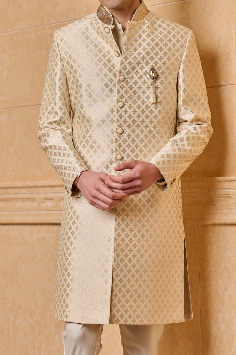 Ivory Classic Sherwani With Embroidered Collar