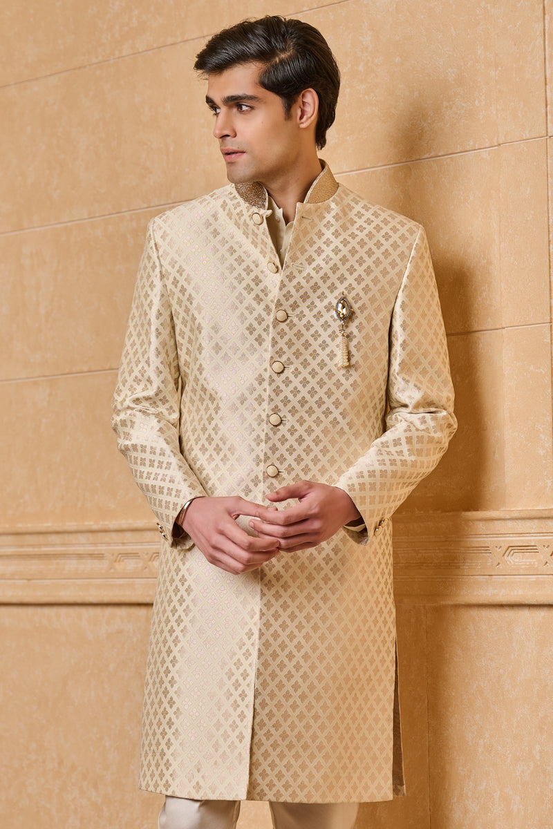 Ivory Classic Sherwani With Embroidered Collar