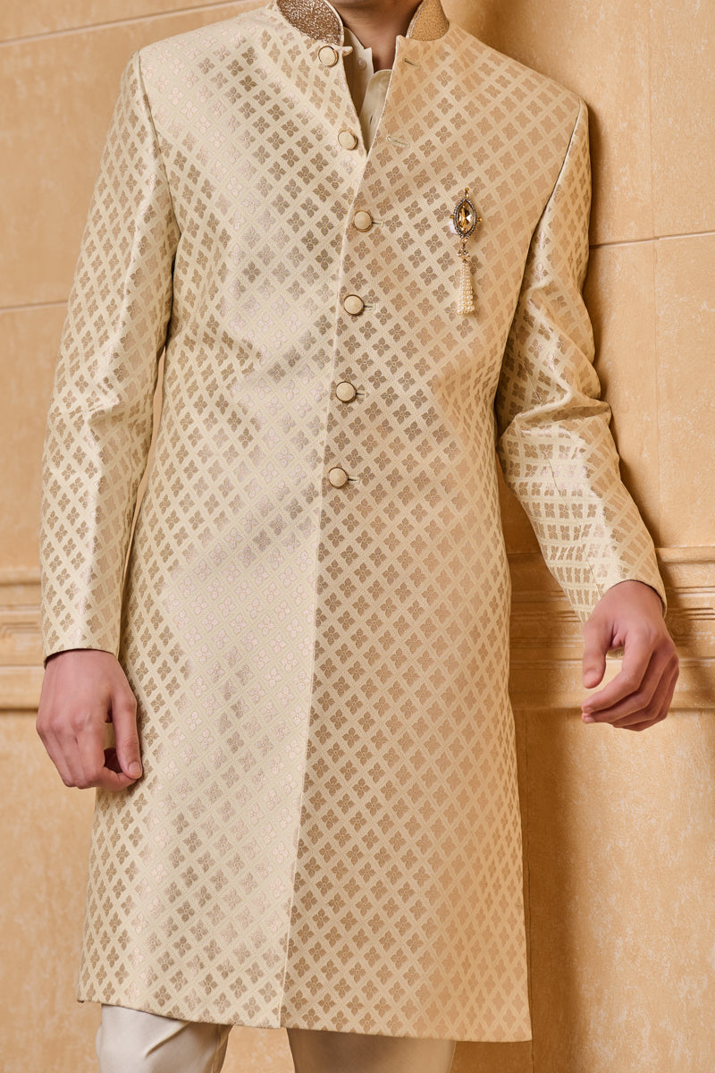 Ivory Classic Sherwani With Embroidered Collar