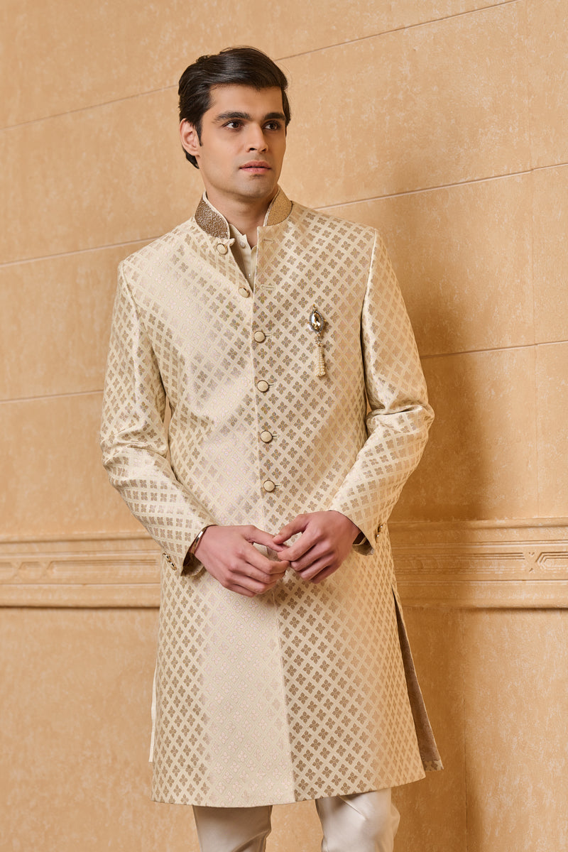 Ivory Classic Sherwani With Embroidered Collar