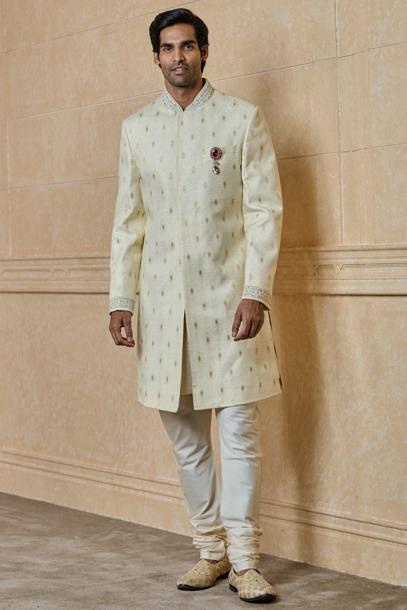 Ivory Classic Sherwani With Embroidered Collar