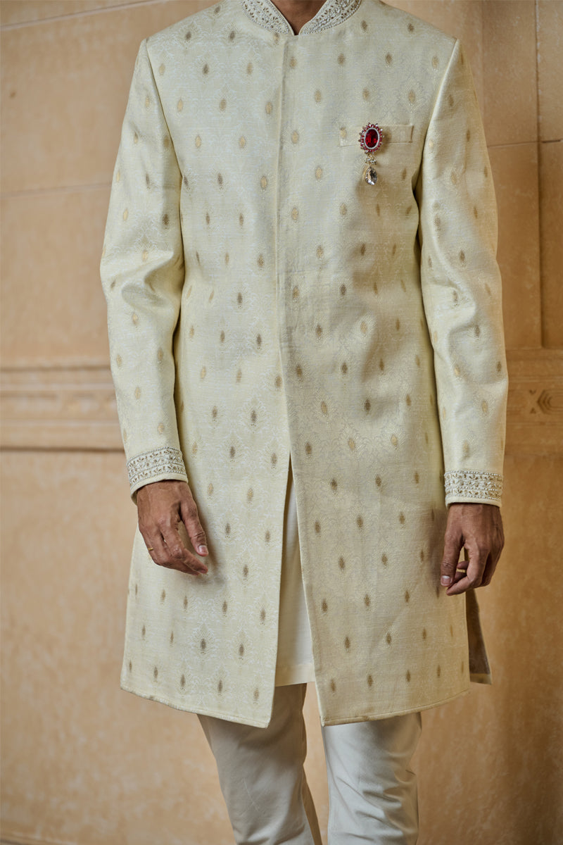 Ivory Classic Sherwani With Embroidered Collar