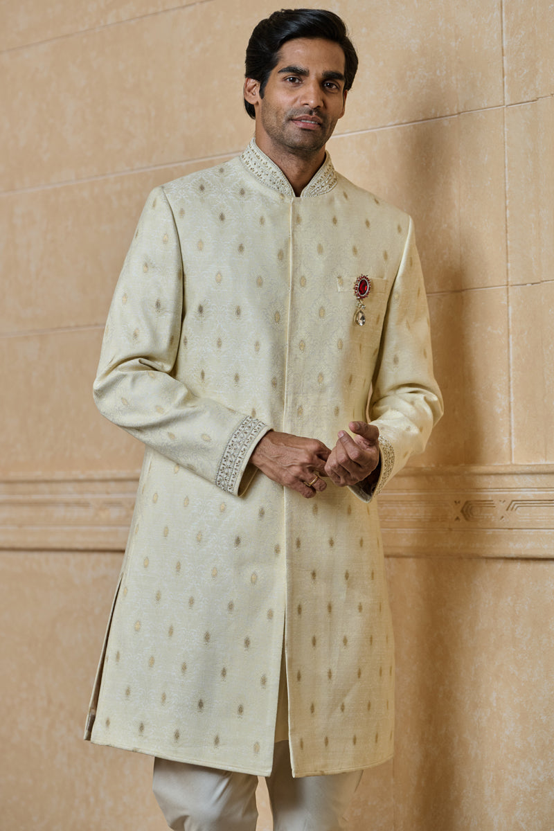 Ivory Classic Sherwani With Embroidered Collar