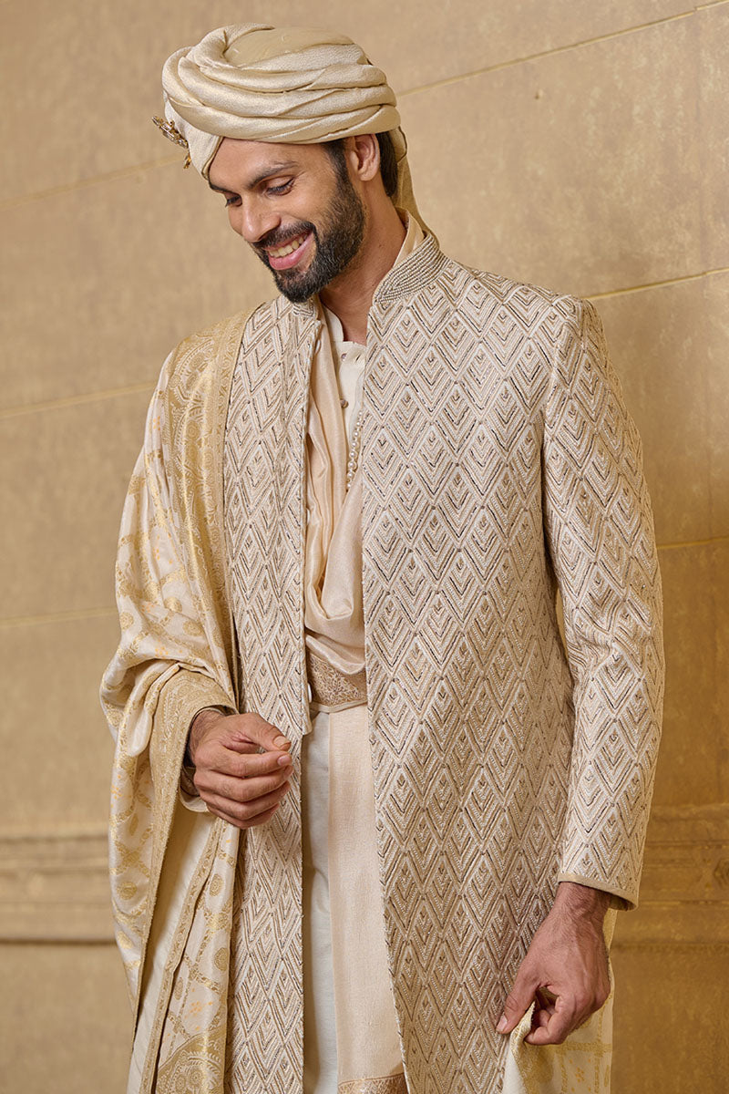 Ivory Sherwani With All Over Pitta Embroidery