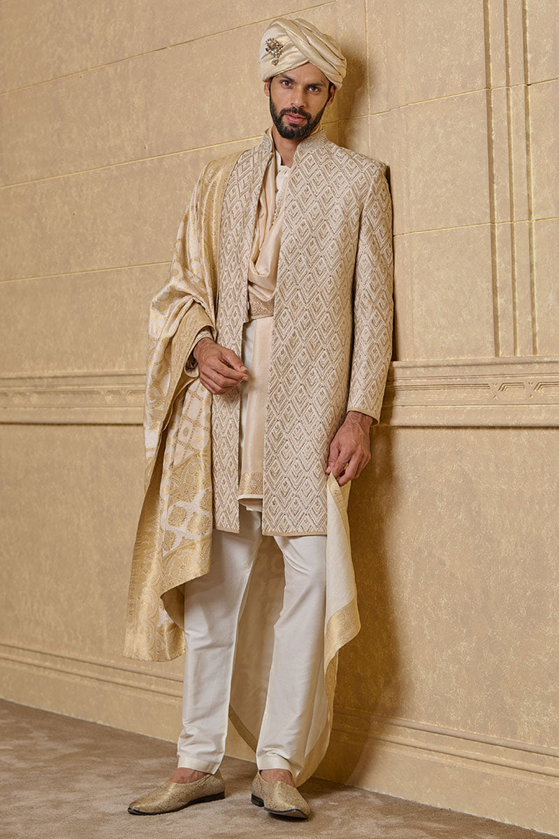 Ivory Sherwani With All Over Pitta Embroidery