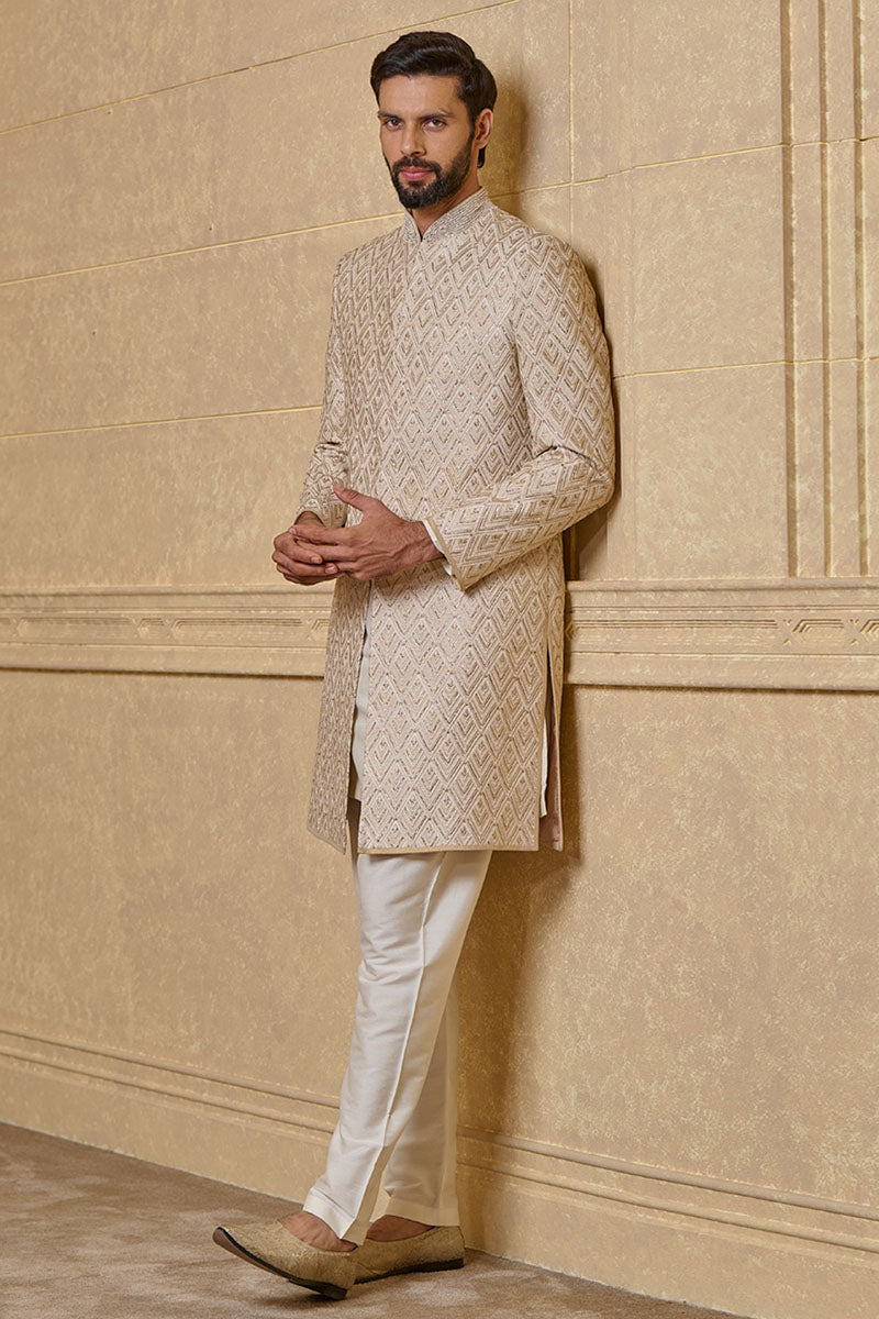 Ivory Sherwani With All Over Pitta Embroidery