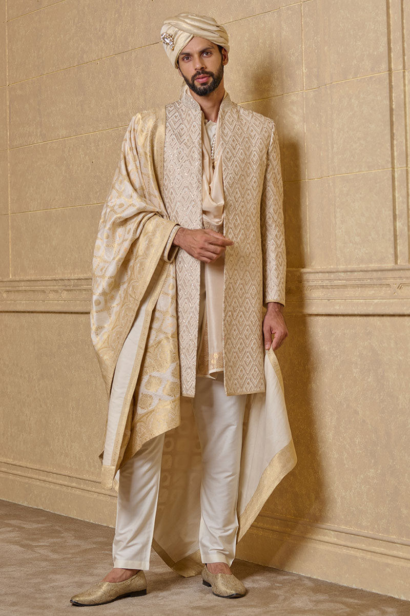 Ivory Sherwani With All Over Pitta Embroidery