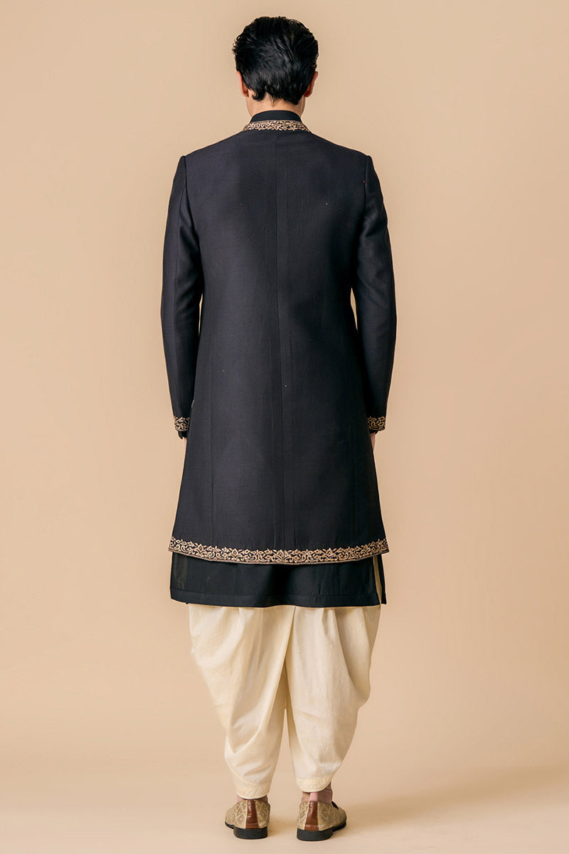 Black Modern Sherwani With Grown Neck Detailing