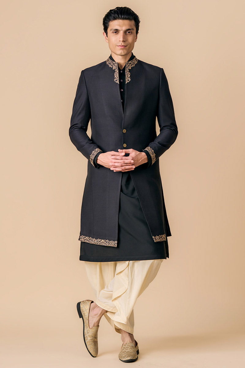 Black Modern Sherwani With Grown Neck Detailing