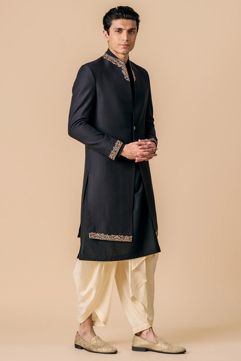 Black Modern Sherwani With Grown Neck Detailing