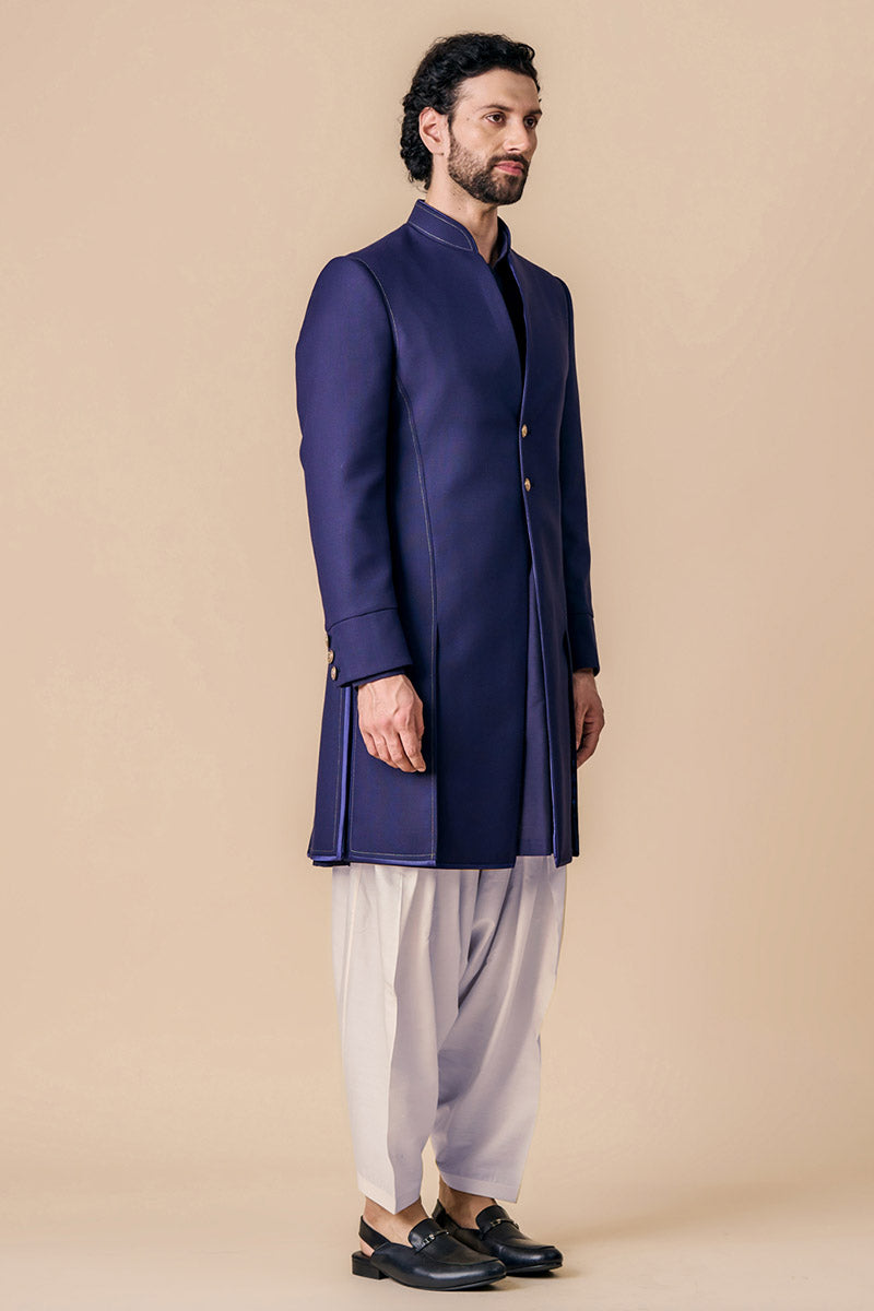 Navy Structured Sherwani With Dori Embroidery