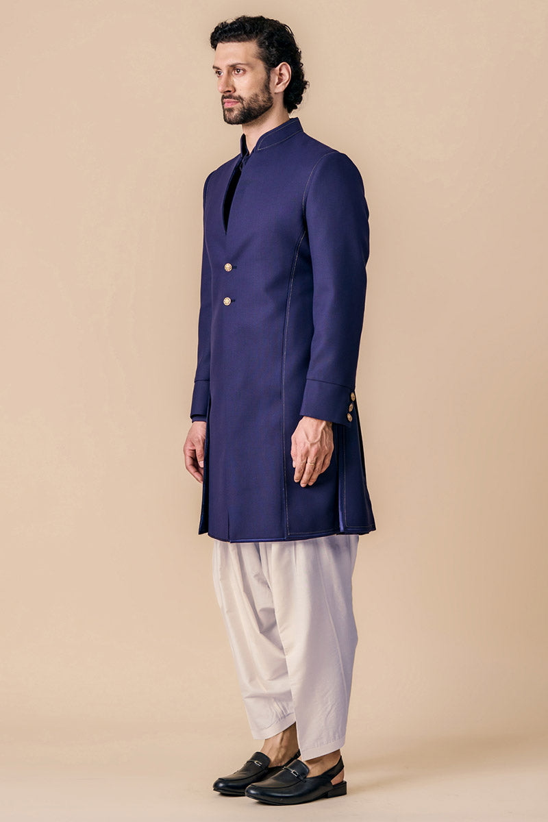 Navy Structured Sherwani With Dori Embroidery