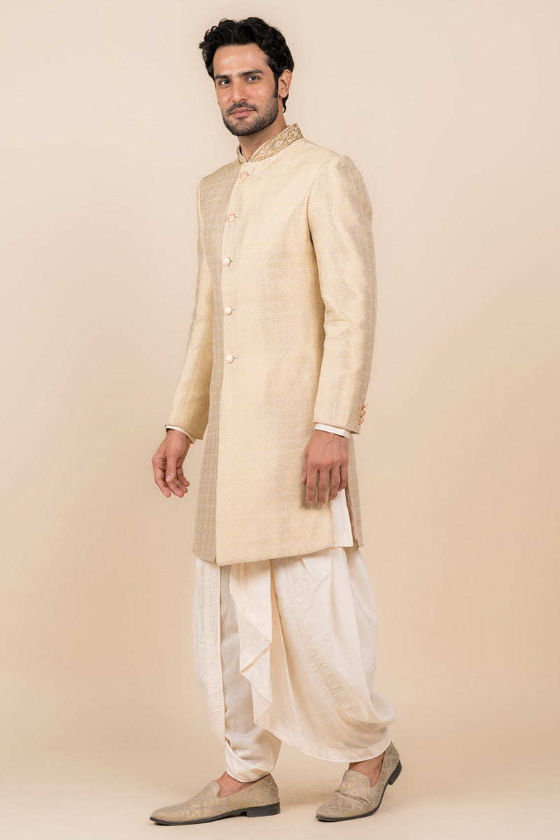 Gold Hand Embroidered Zari Jacquard Sherwani