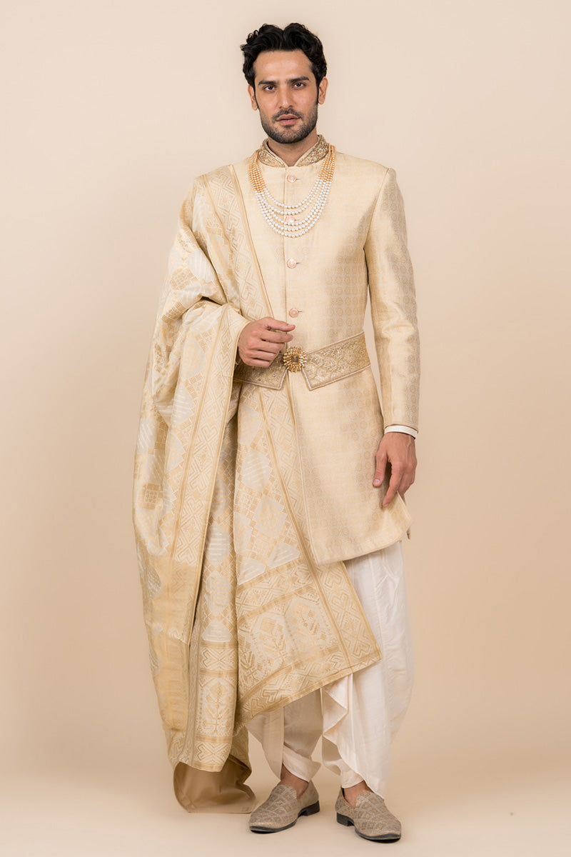 Gold Hand Embroidered Zari Jacquard Sherwani